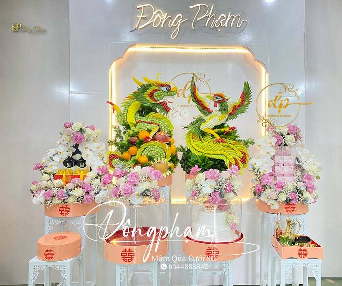 Mâm Quả Cưới Rồng Phụng Màu Hồng Cao Cấp