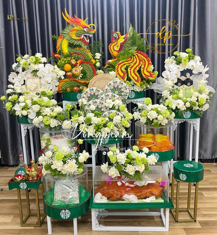 Mâm quả cưới rồng phụng màu xanh