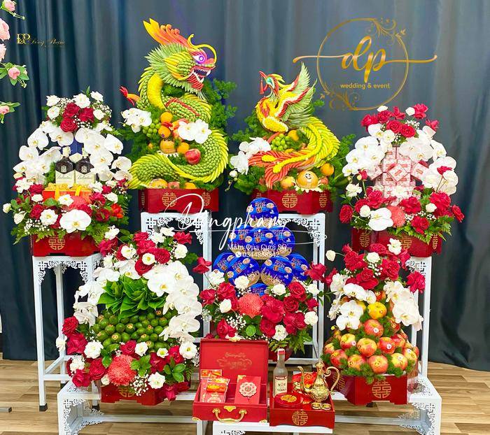 Mâm quả cưới rồng phụng màu đỏ